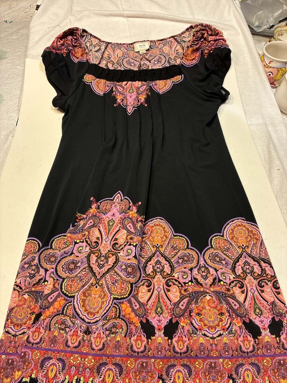 ECI New York Black Paisley Print Short Sleeve Tunic Dress Size 10